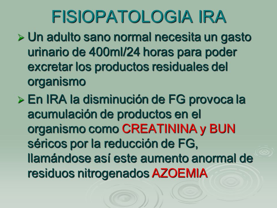 FISIOPATOLOGIA IRA Un adulto sano normal necesita un gasto urinario de 400ml/24 horas para poder excretar los productos residuales del organismo.