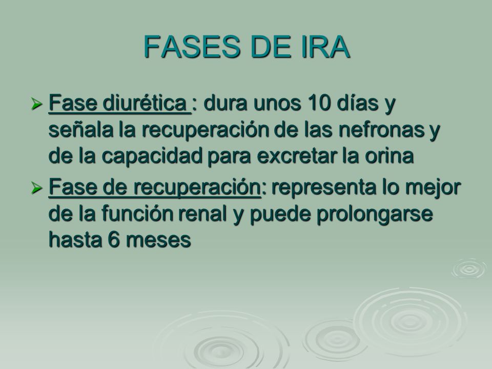 FASES DE IRA Fase diurética : dura unos 10 días y señala la recuperación de las nefronas y de la capacidad para excretar la orina.