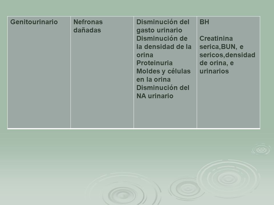 Genitourinario Nefronas dañadas. Disminución del gasto urinario. Disminución de la densidad de la orina.