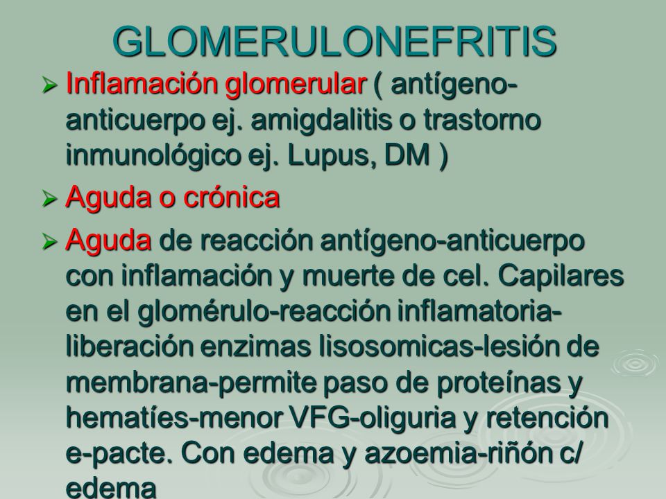 GLOMERULONEFRITIS Inflamación glomerular ( antígeno-anticuerpo ej. amigdalitis o trastorno inmunológico ej. Lupus, DM )