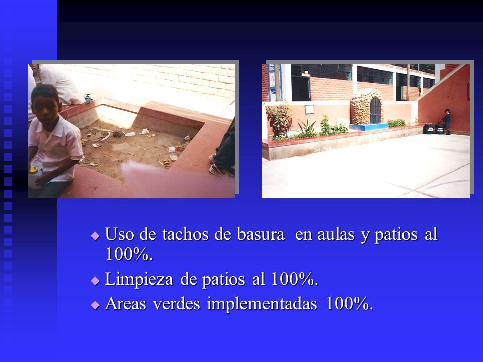Uso de tachos de basura en aulas y patios al 100%.