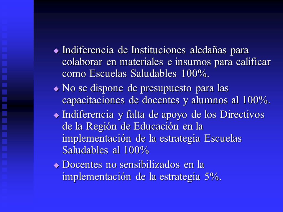 Indiferencia de Instituciones aledañas para colaborar en materiales e insumos para calificar como Escuelas Saludables 100%.