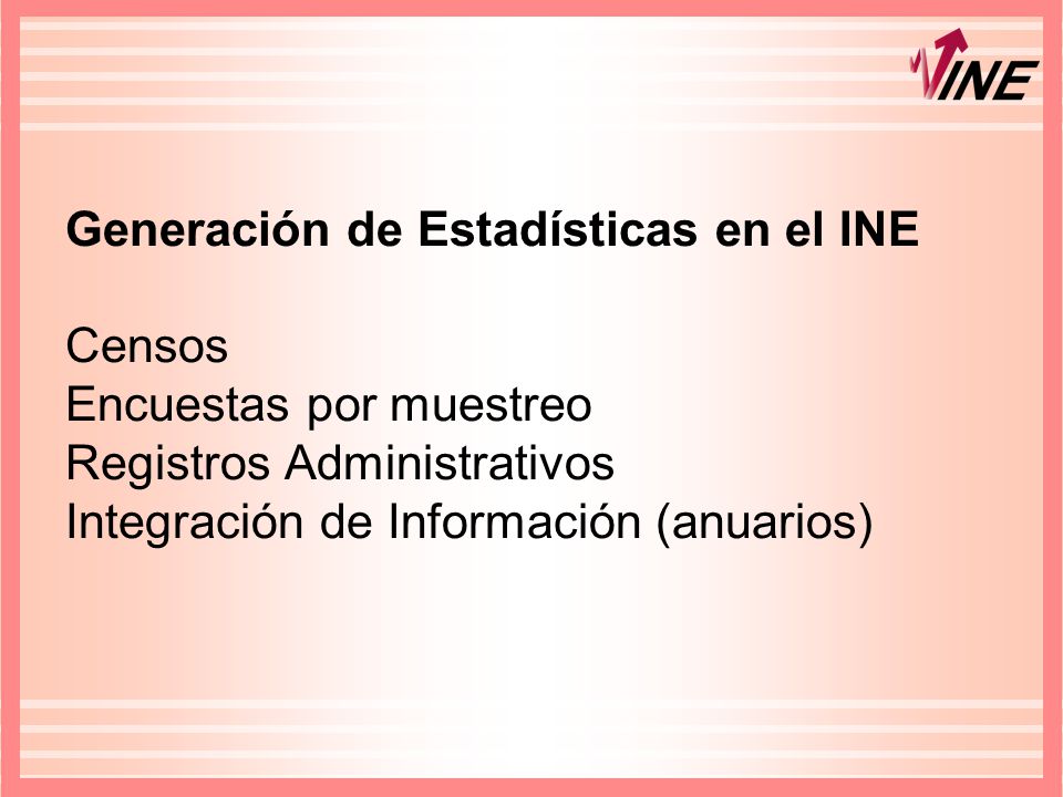 Generación de Estadísticas en el INE Censos Encuestas por muestreo Registros Administrativos Integración de Información (anuarios)