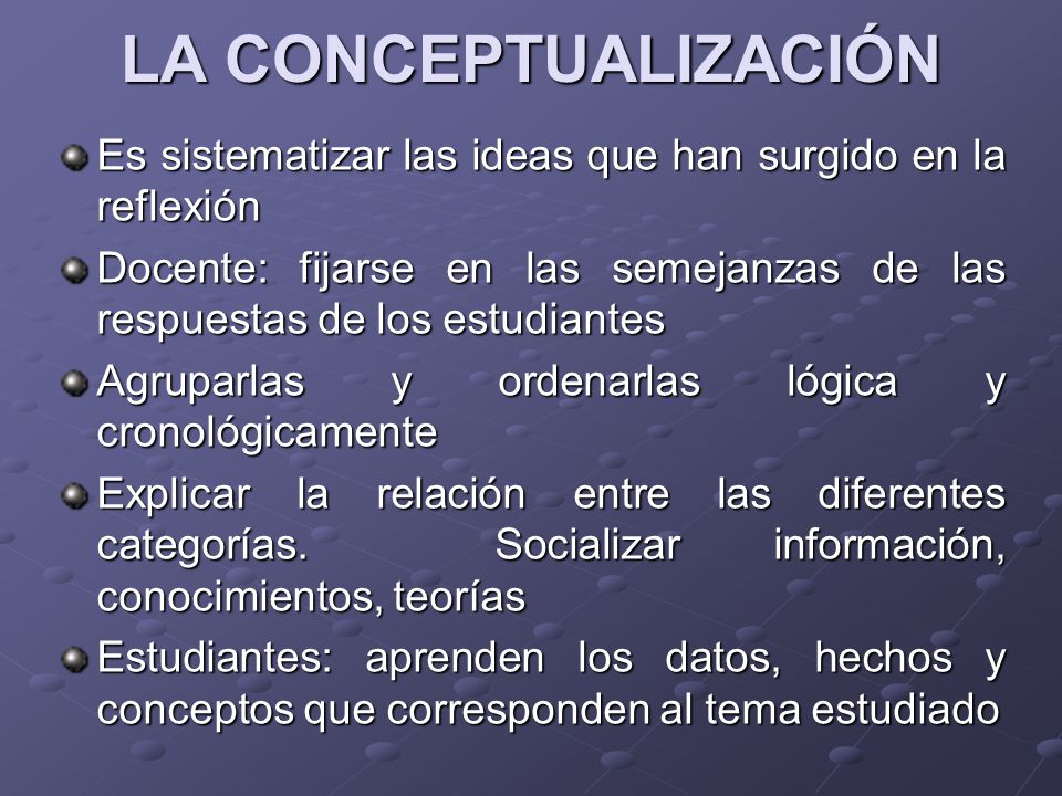 LA CONCEPTUALIZACIÓN Es sistematizar las ideas que han surgido en la reflexión.