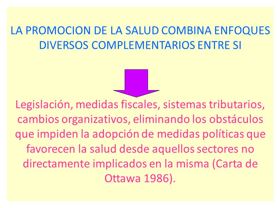 LA PROMOCION DE LA SALUD COMBINA ENFOQUES DIVERSOS COMPLEMENTARIOS ENTRE SI Legislación, medidas fiscales, sistemas tributarios, cambios organizativos, eliminando los obstáculos que impiden la adopción de medidas políticas que favorecen la salud desde aquellos sectores no directamente implicados en la misma (Carta de Ottawa 1986).