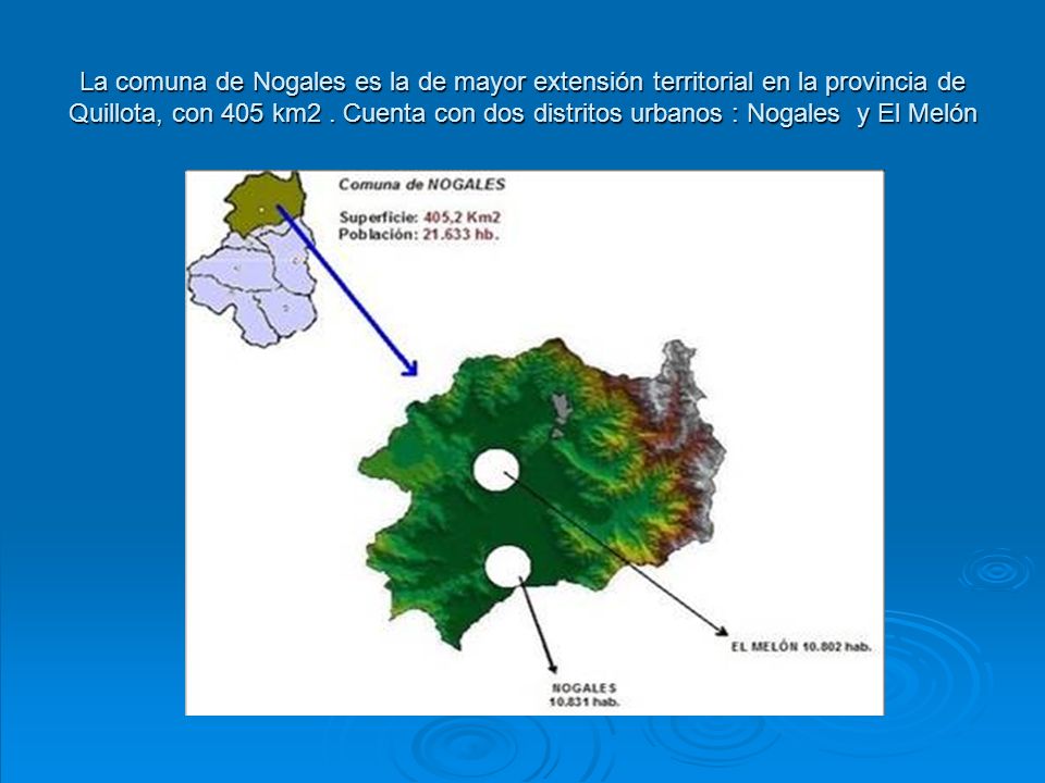 La comuna de Nogales es la de mayor extensión territorial en la provincia de Quillota, con 405 km2 .