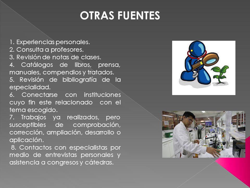 OTRAS FUENTES 1. Experiencias personales. 2. Consulta a profesores.