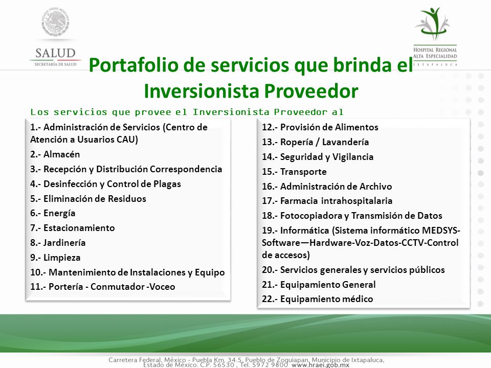 Portafolio de servicios que brinda el Inversionista Proveedor