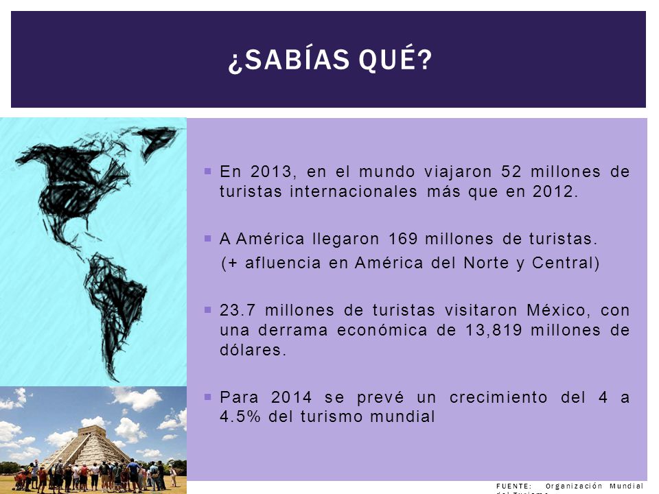¿sabías qué En 2013, en el mundo viajaron 52 millones de turistas internacionales más que en