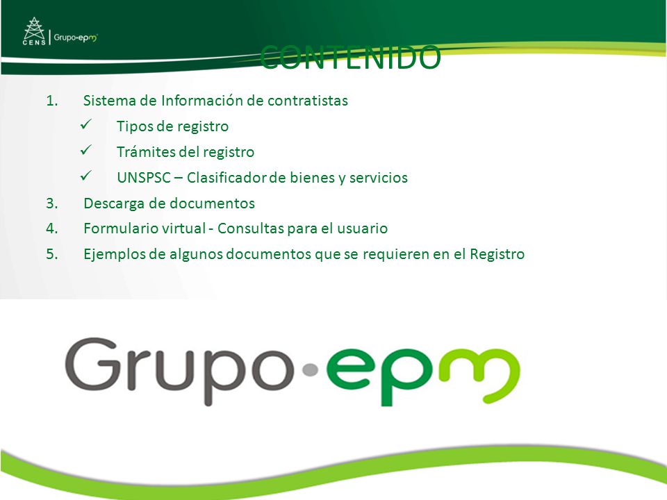CONTENIDO Sistema de Información de contratistas Tipos de registro
