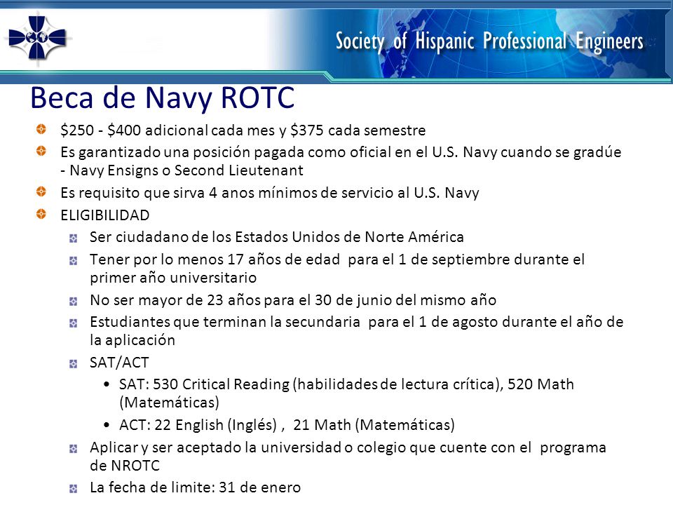 Beca de Navy ROTC $250 - $400 adicional cada mes y $375 cada semestre