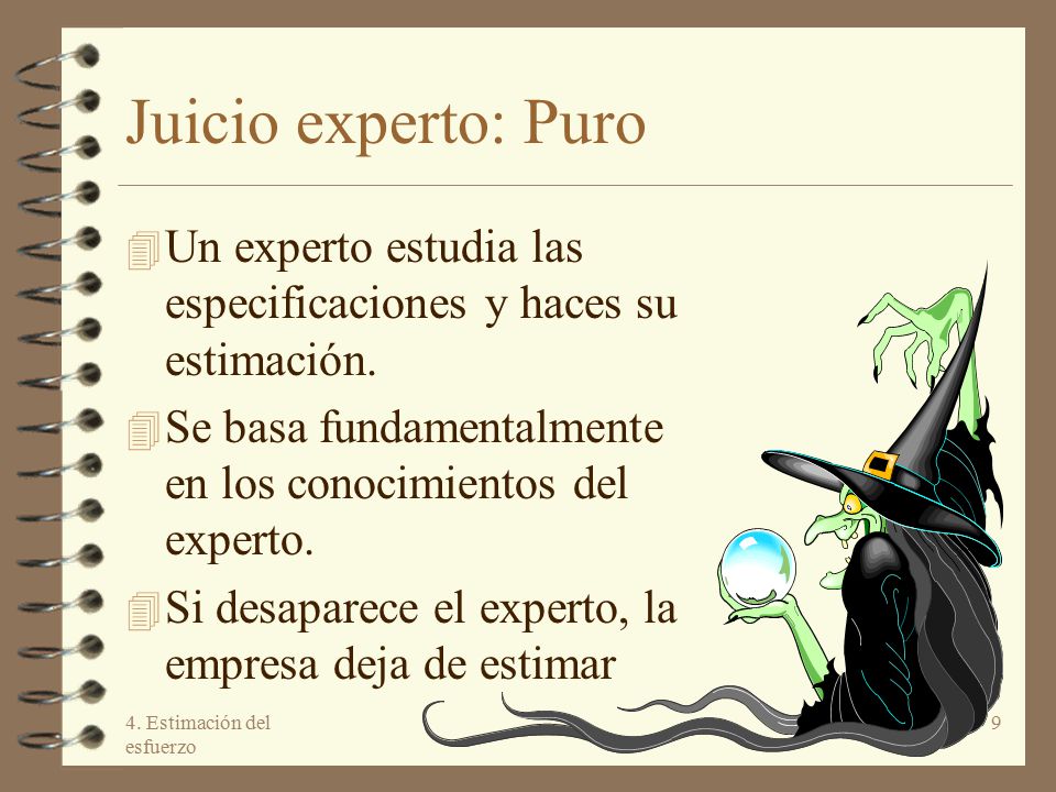 Juicio experto: Puro Un experto estudia las especificaciones y haces su estimación. Se basa fundamentalmente en los conocimientos del experto.