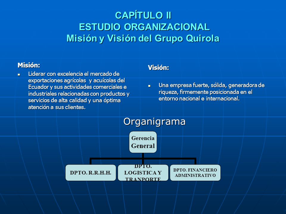 CAPÍTULO II ESTUDIO ORGANIZACIONAL Misión y Visión del Grupo Quirola