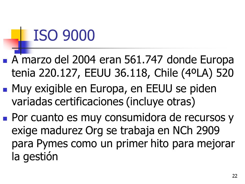ISO 9000 A marzo del 2004 eran donde Europa tenia , EEUU , Chile (4ºLA) 520.