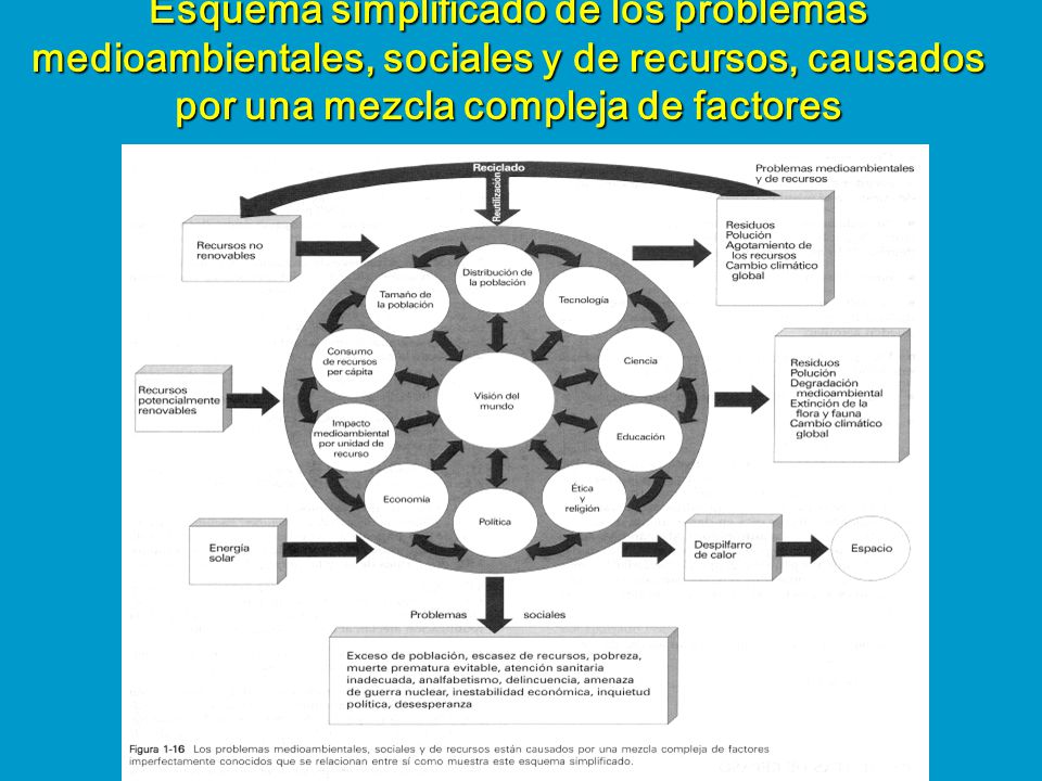 Esquema simplificado de los problemas medioambientales, sociales y de recursos, causados por una mezcla compleja de factores