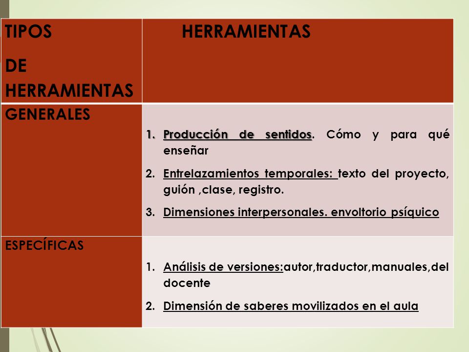 TIPOS DE HERRAMIENTAS HERRAMIENTAS GENERALES ESPECÍFICAS