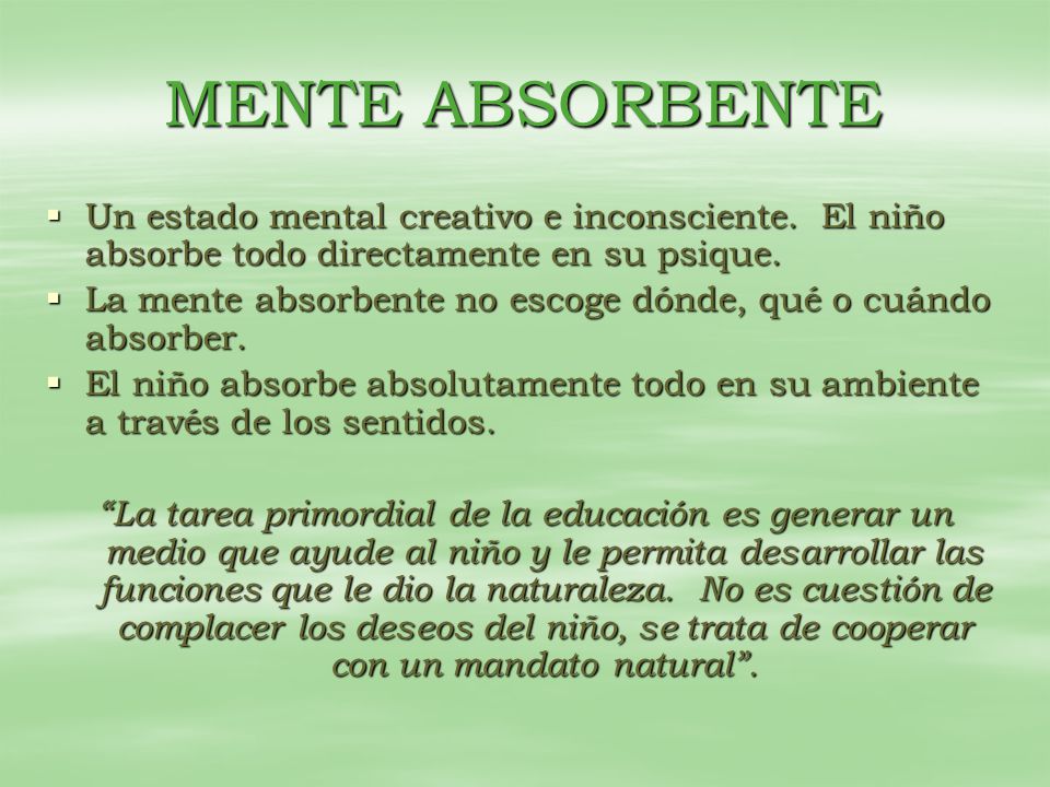 MENTE ABSORBENTE Un estado mental creativo e inconsciente. El niño absorbe todo directamente en su psique.