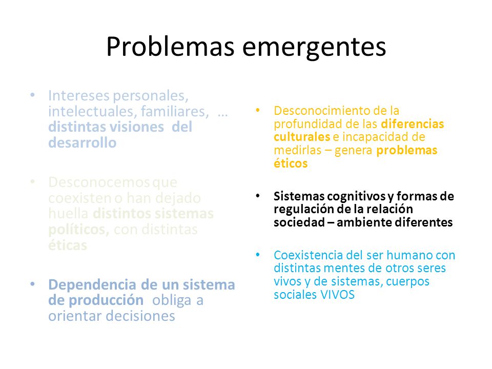 Problemas emergentes Intereses personales, intelectuales, familiares, … distintas visiones del desarrollo.