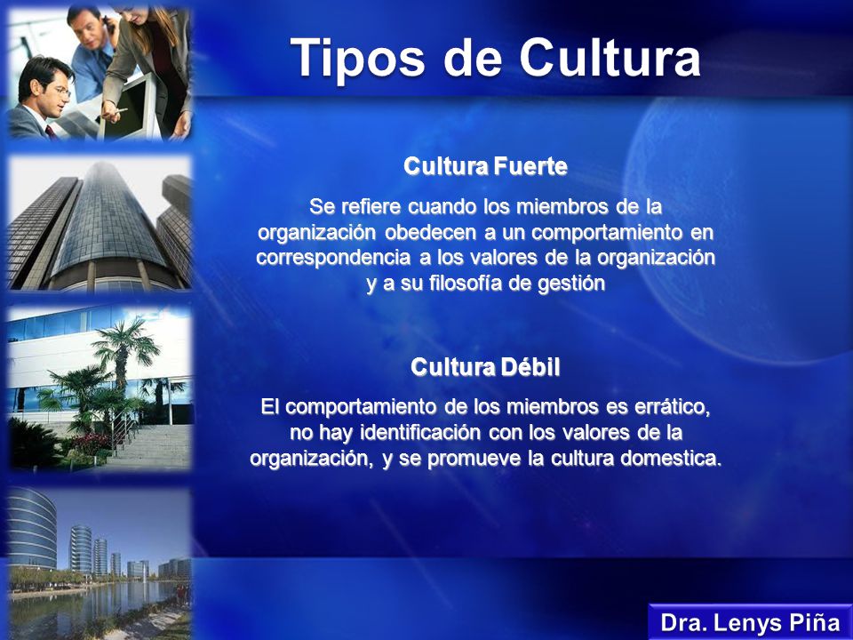 Tipos de Cultura Cultura Fuerte Cultura Débil Dra. Lenys Piña