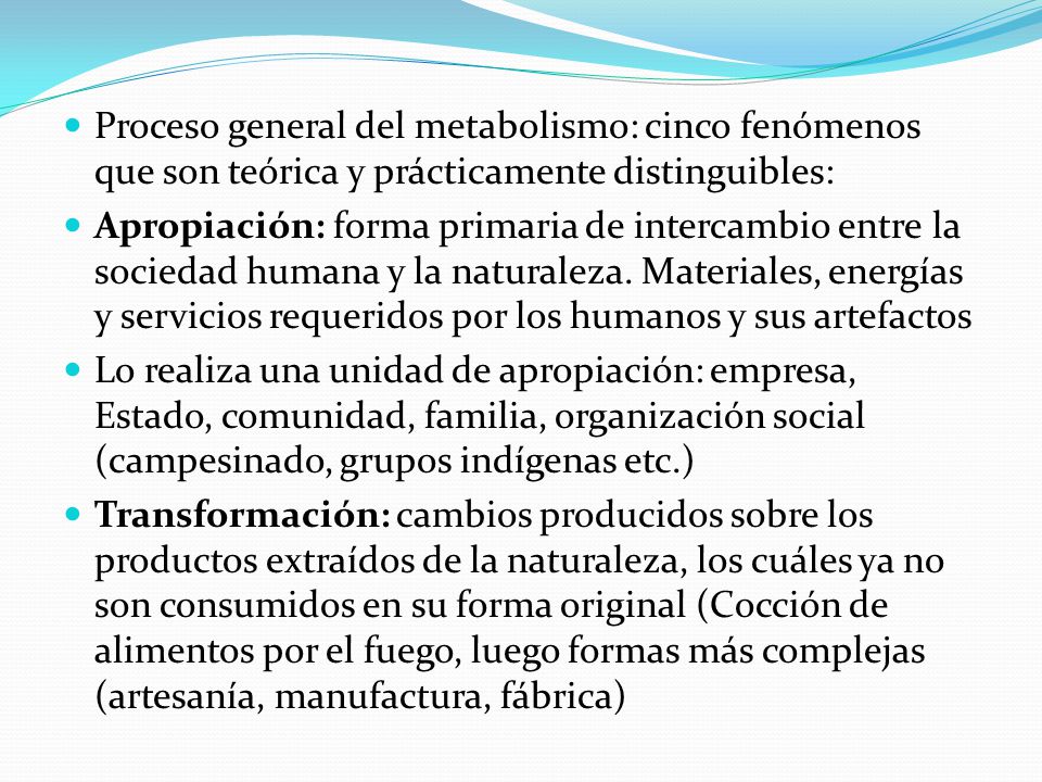 Proceso general del metabolismo: cinco fenómenos que son teórica y prácticamente distinguibles: