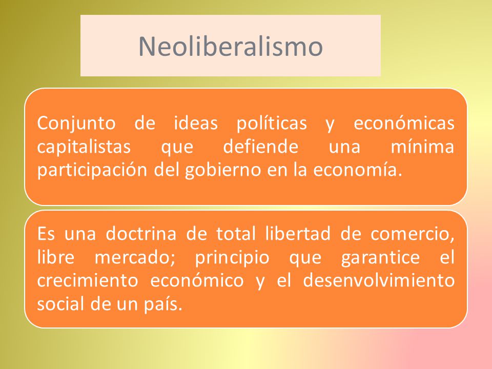 Neoliberalismo Conjunto de ideas políticas y económicas capitalistas que defiende una mínima participación del gobierno en la economía.