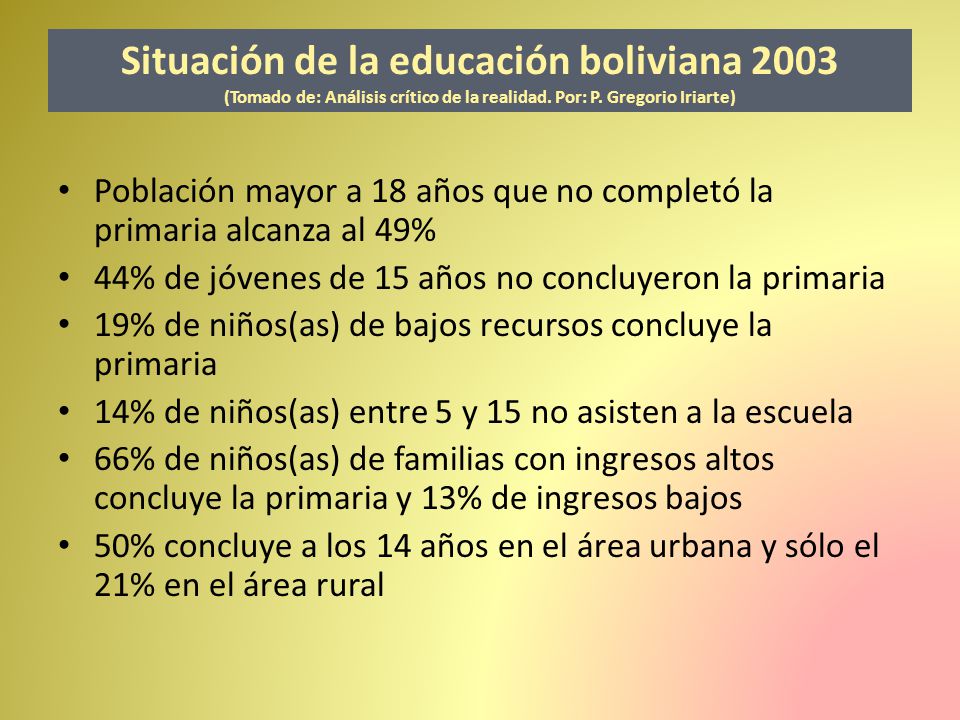 Situación de la educación boliviana 2003 (Tomado de: Análisis crítico de la realidad. Por: P. Gregorio Iriarte)