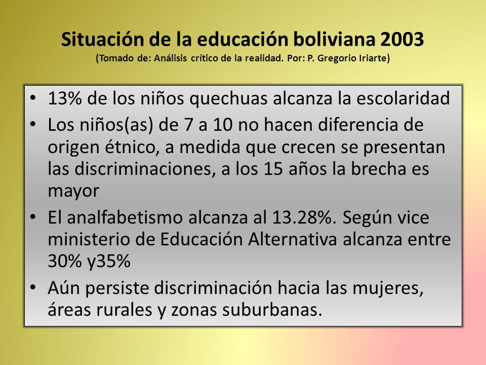 Situación de la educación boliviana 2003 (Tomado de: Análisis crítico de la realidad. Por: P. Gregorio Iriarte)