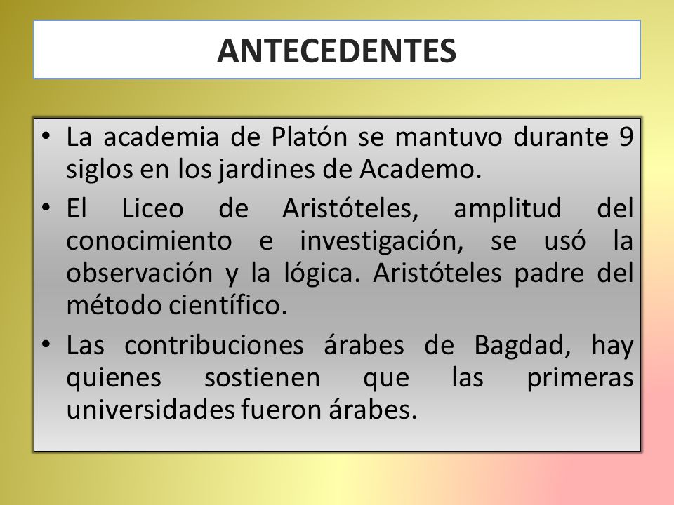 ANTECEDENTES La academia de Platón se mantuvo durante 9 siglos en los jardines de Academo.
