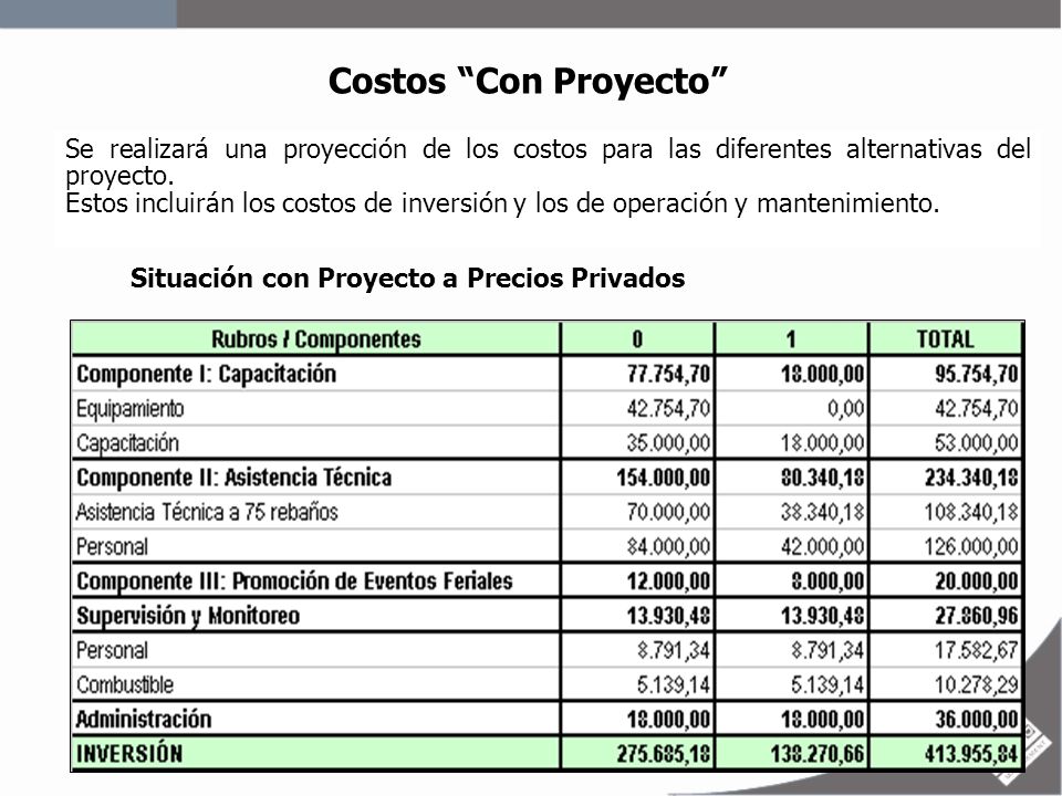 Costos Con Proyecto Se realizará una proyección de los costos para las diferentes alternativas del proyecto.