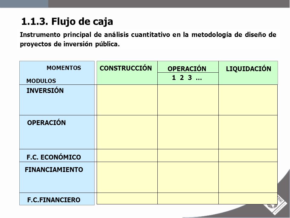 Flujo de caja Instrumento principal de análisis cuantitativo en la metodología de diseño de proyectos de inversión pública.