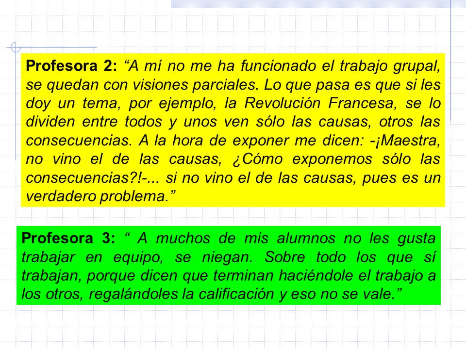 Profesora 2: A mí no me ha funcionado el trabajo grupal, se quedan con visiones parciales. Lo que pasa es que si les doy un tema, por ejemplo, la Revolución Francesa, se lo dividen entre todos y unos ven sólo las causas, otros las consecuencias. A la hora de exponer me dicen: -¡Maestra, no vino el de las causas, ¿Cómo exponemos sólo las consecuencias !-... si no vino el de las causas, pues es un verdadero problema.