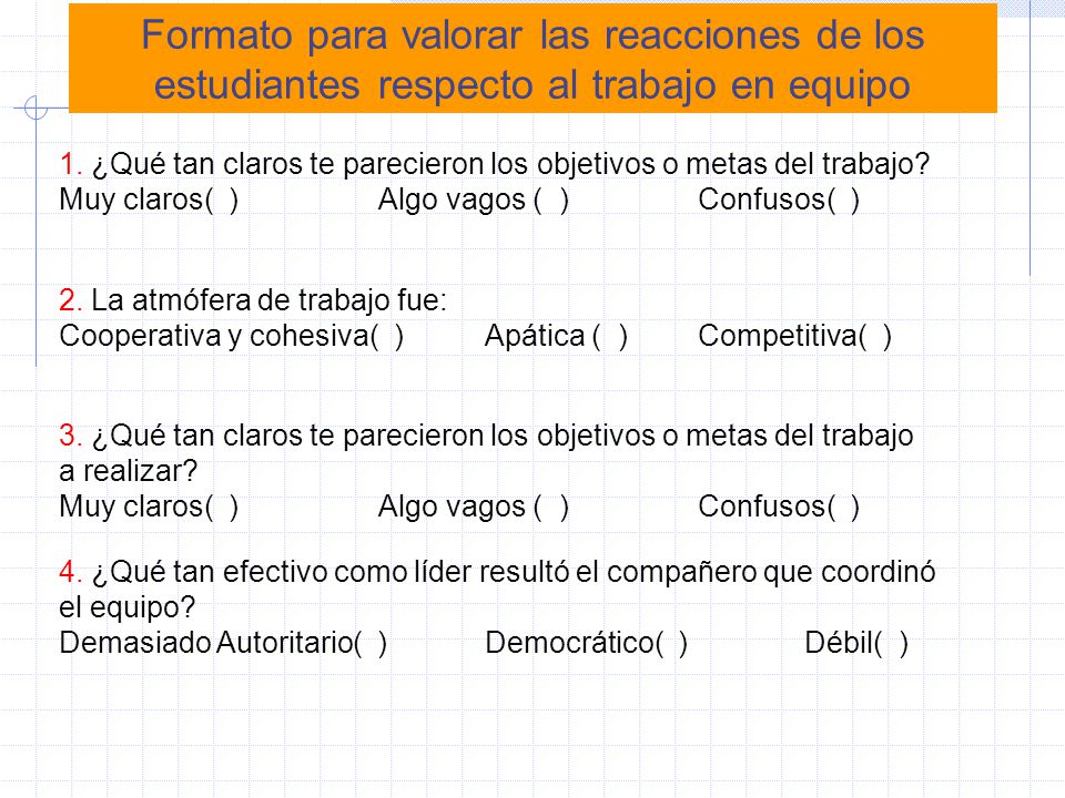 Formato para valorar las reacciones de los estudiantes respecto al trabajo en equipo