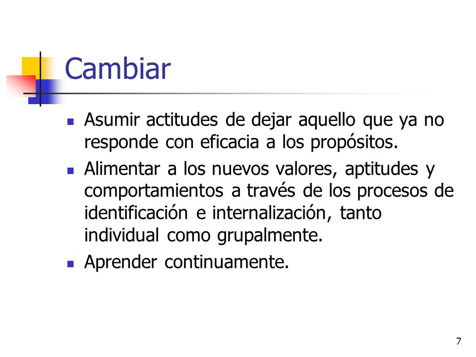 Cambiar Asumir actitudes de dejar aquello que ya no responde con eficacia a los propósitos.