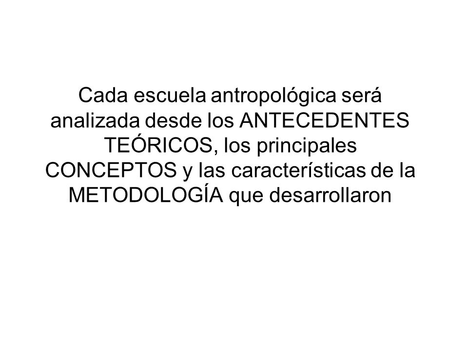 Cada escuela antropológica será analizada desde los ANTECEDENTES TEÓRICOS, los principales CONCEPTOS y las características de la METODOLOGÍA que desarrollaron
