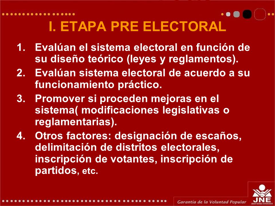 I. ETAPA PRE ELECTORAL Evalúan el sistema electoral en función de su diseño teórico (leyes y reglamentos).
