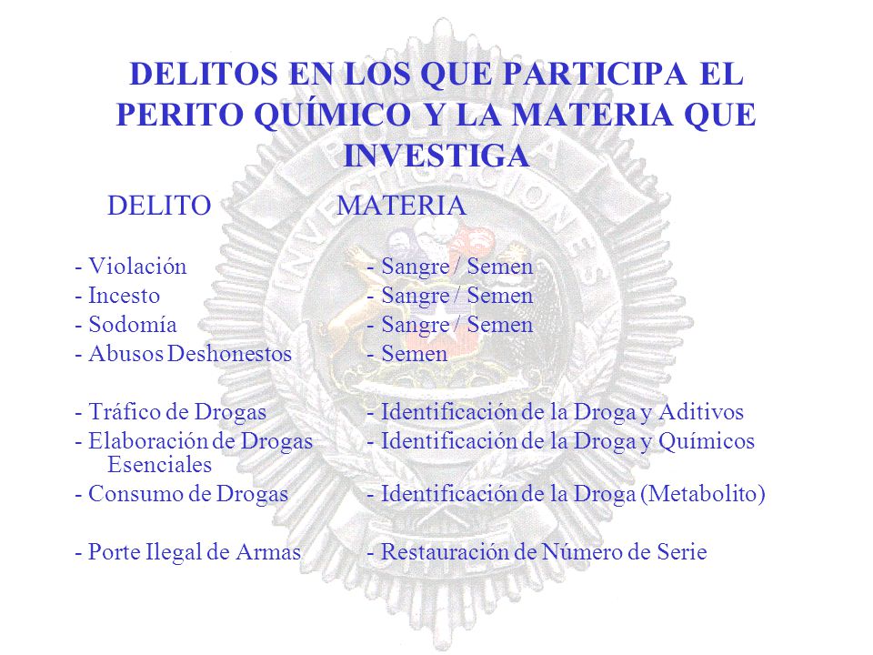 DELITOS EN LOS QUE PARTICIPA EL PERITO QUÍMICO Y LA MATERIA QUE INVESTIGA