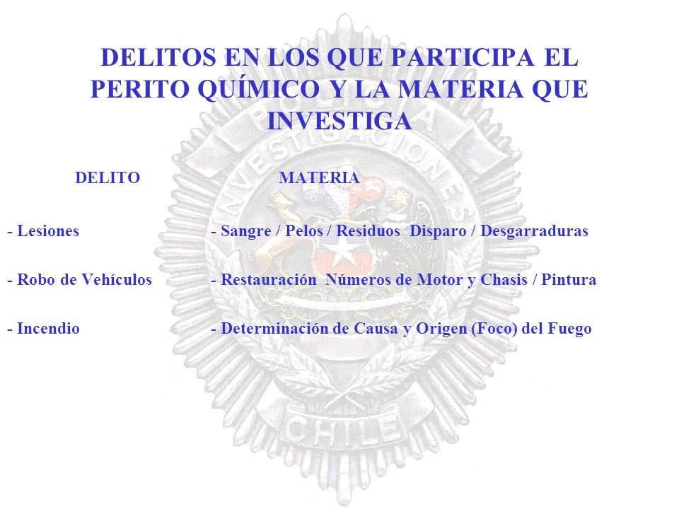 DELITOS EN LOS QUE PARTICIPA EL PERITO QUÍMICO Y LA MATERIA QUE INVESTIGA
