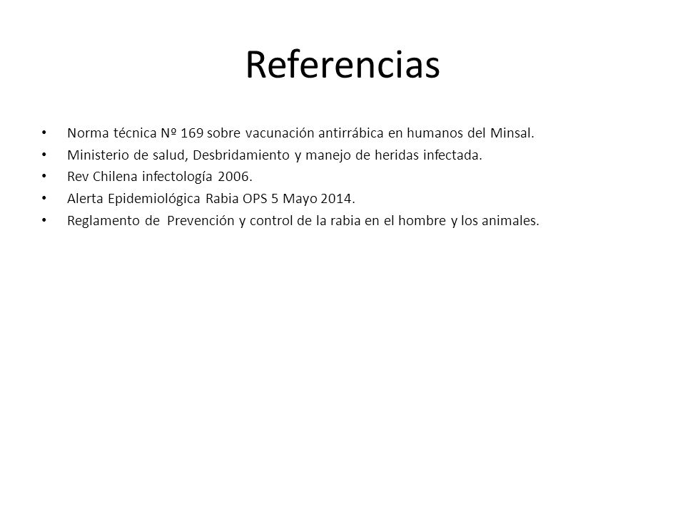 Referencias Norma técnica Nº 169 sobre vacunación antirrábica en humanos del Minsal.