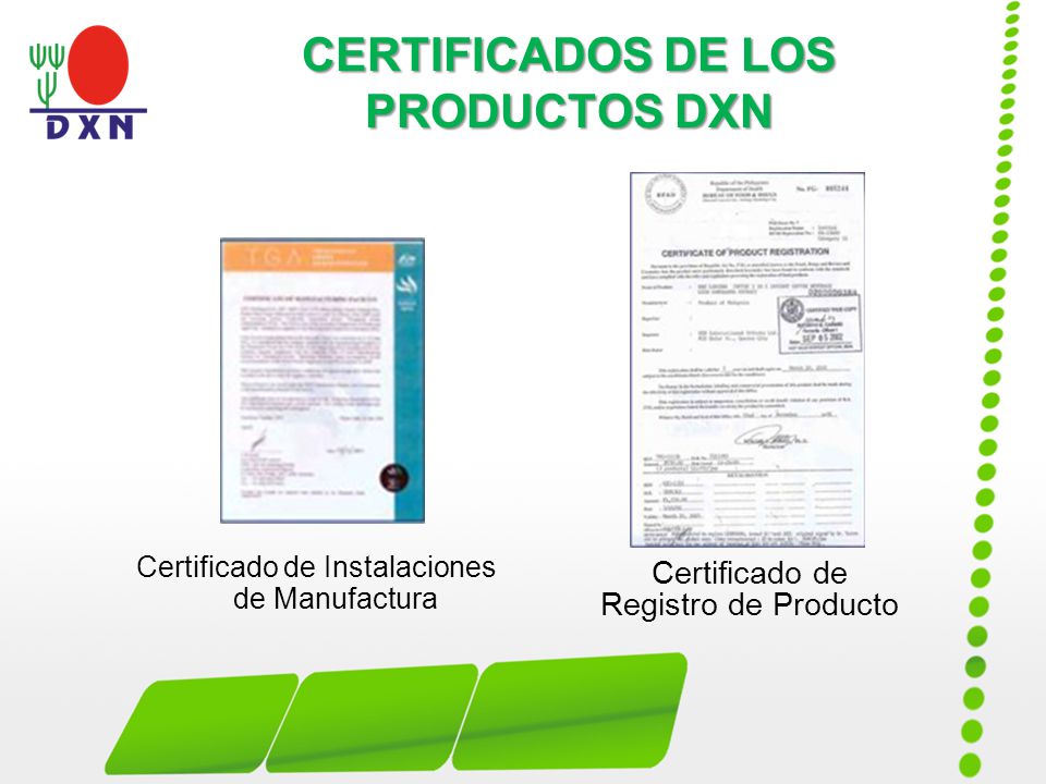 CERTIFICADOS DE LOS PRODUCTOS DXN
