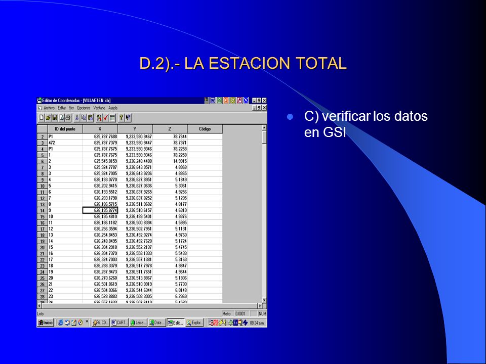D.2).- LA ESTACION TOTAL C) verificar los datos en GSI