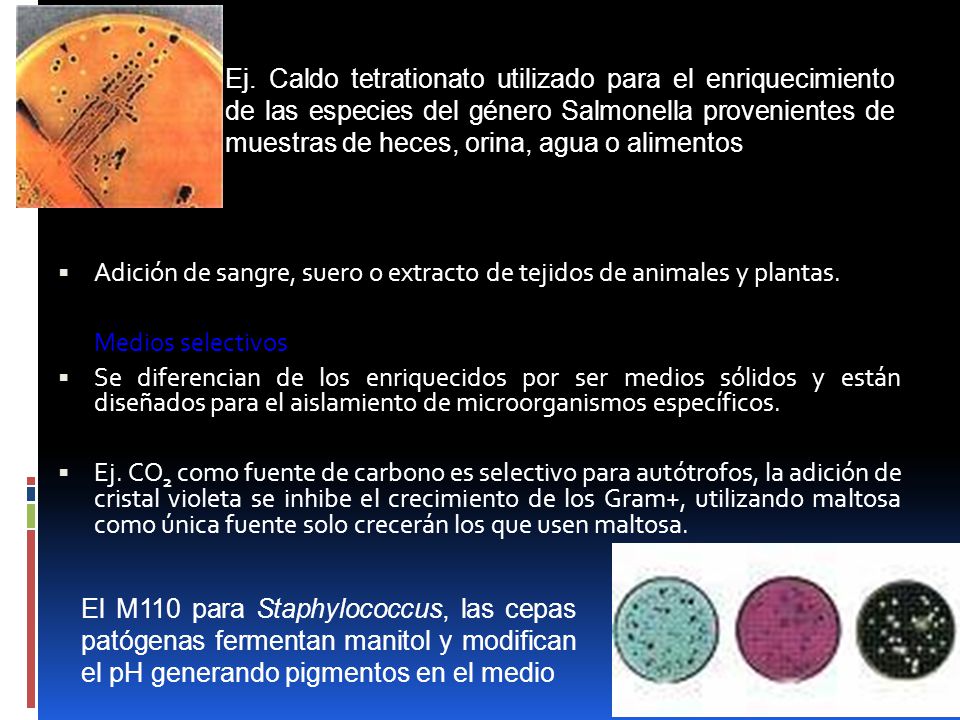 Ej. Caldo tetrationato utilizado para el enriquecimiento de las especies del género Salmonella provenientes de muestras de heces, orina, agua o alimentos