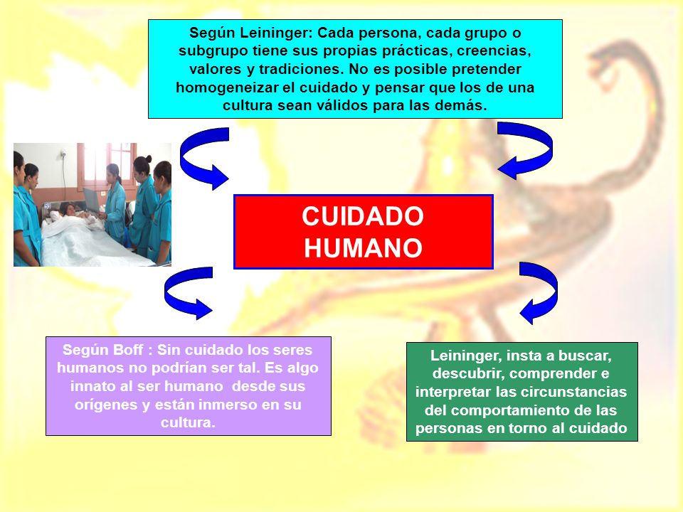 Según Leininger: Cada persona, cada grupo o subgrupo tiene sus propias prácticas, creencias, valores y tradiciones. No es posible pretender homogeneizar el cuidado y pensar que los de una cultura sean válidos para las demás.