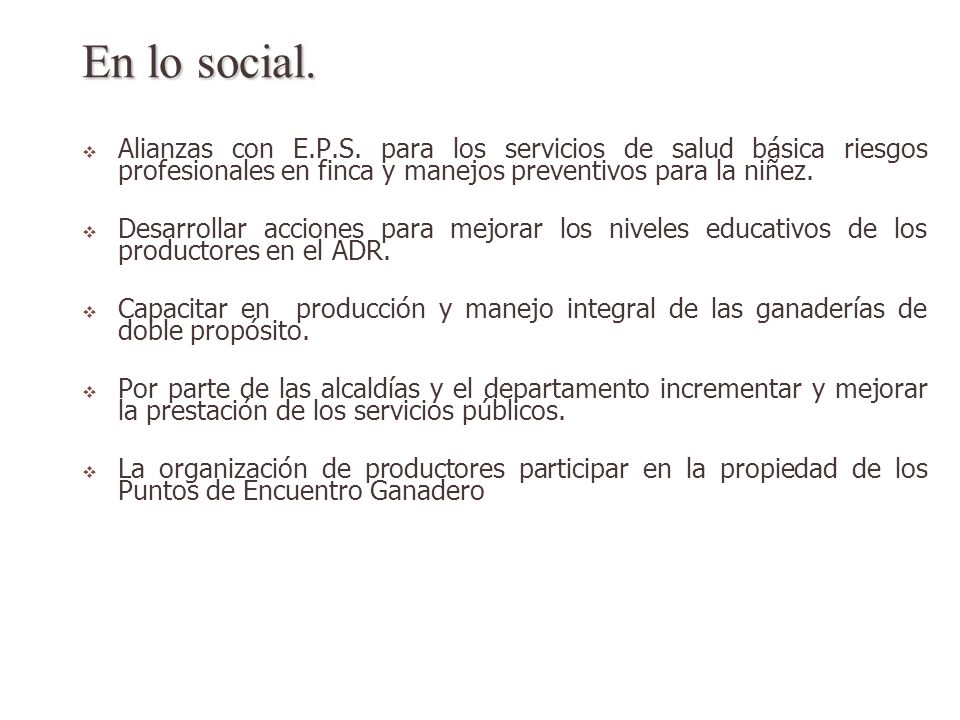 En lo social. Alianzas con E.P.S. para los servicios de salud básica riesgos profesionales en finca y manejos preventivos para la niñez.