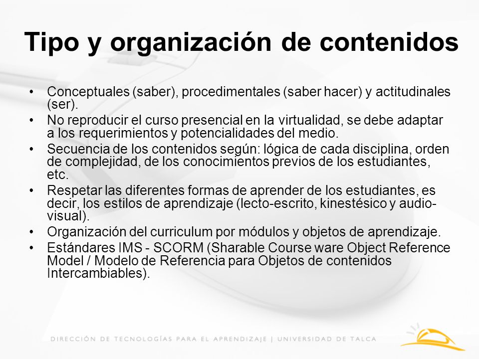 Tipo y organización de contenidos