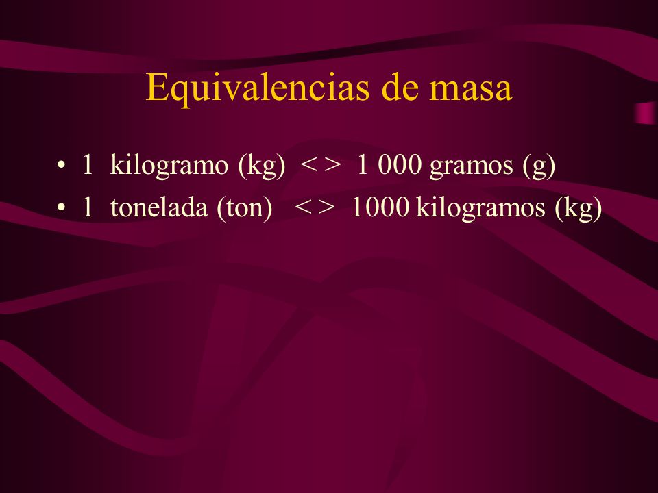Equivalencias de masa 1 kilogramo (kg) < > gramos (g)