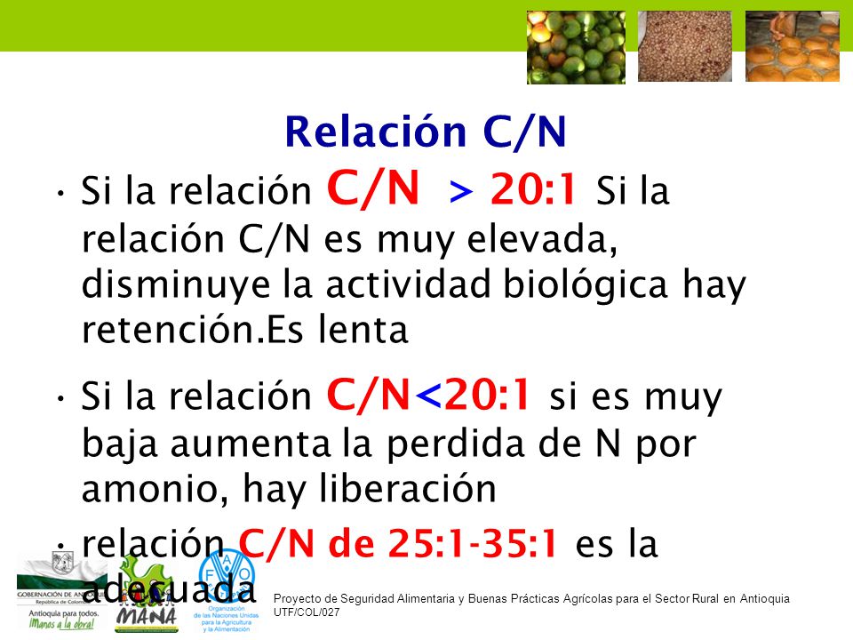 Relación C/N Si la relación C/N > 20:1 Si la relación C/N es muy elevada, disminuye la actividad biológica hay retención.Es lenta.