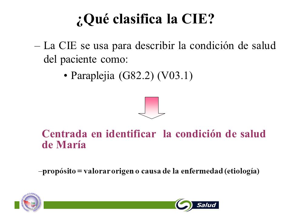 La CIE se usa para describir la condición de salud del paciente como: