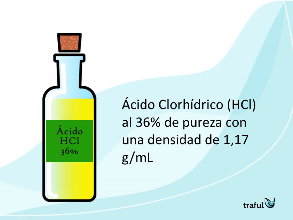 Ácido Clorhídrico (HCl) al 36% de pureza con una densidad de 1,17 g/mL