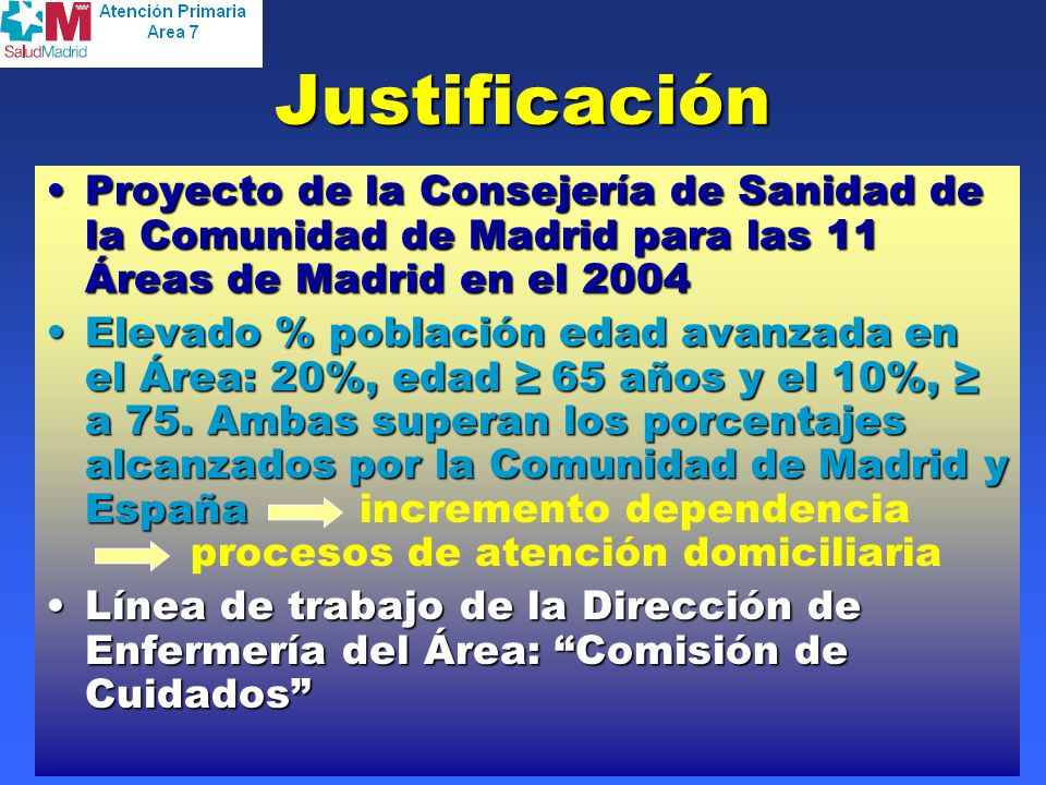 Justificación Proyecto de la Consejería de Sanidad de la Comunidad de Madrid para las 11 Áreas de Madrid en el