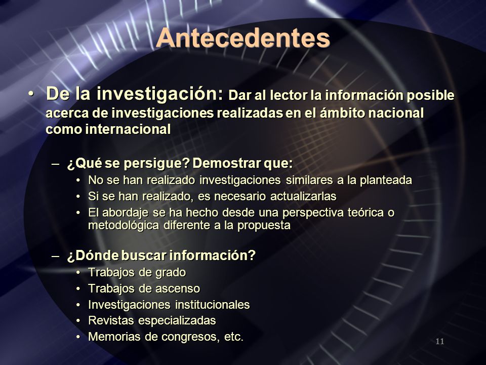 Antecedentes De la investigación: Dar al lector la información posible acerca de investigaciones realizadas en el ámbito nacional como internacional.